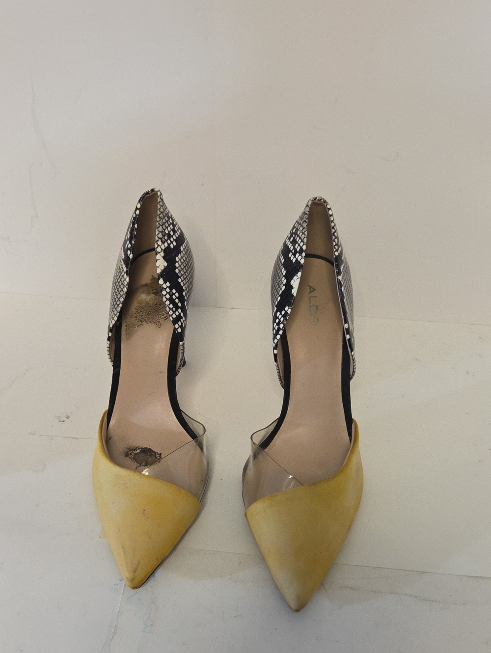 Aldo Yellow Pointed-Toe Pumps with Snake-Print Heel Accents